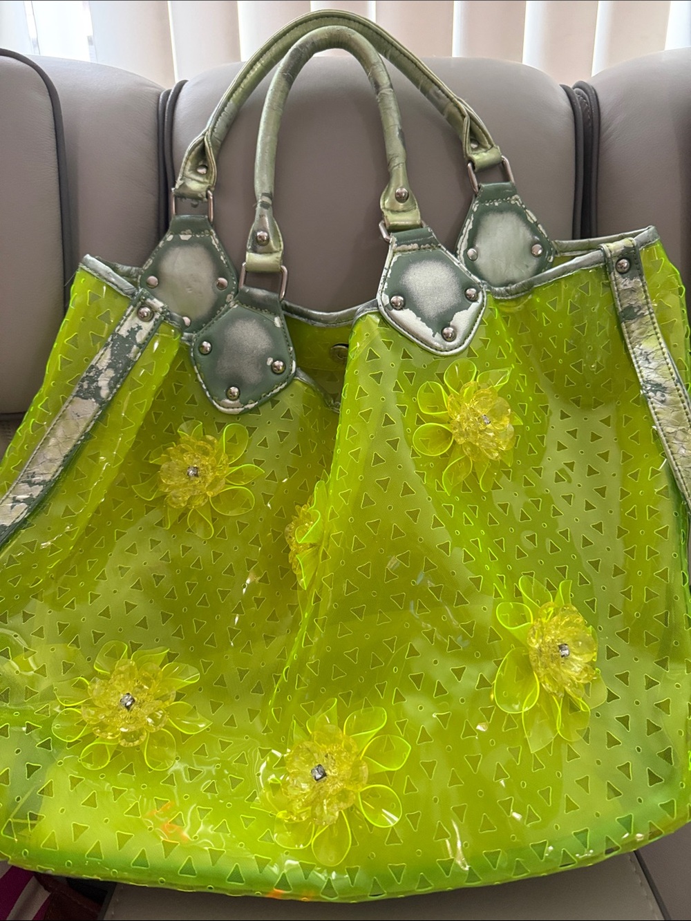Neon Lime Floral PVC Tote Bag